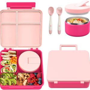 Bento Lunch Box with 8oz Soup Thermo, Kids Leakproof Lunch Food Containers with 4 Compartment, Kids Thermo Insulated Hot Food Jar for School, Trvael - (Pink)
