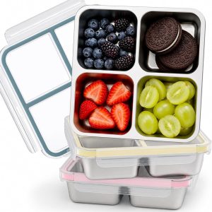 3 Pack Stainless Steel 4 Compartment Snack Containers with Lids, Reusable Divided Lunch & Food Storage Containers for Work, Travel (Pink, Yellow, Blue)