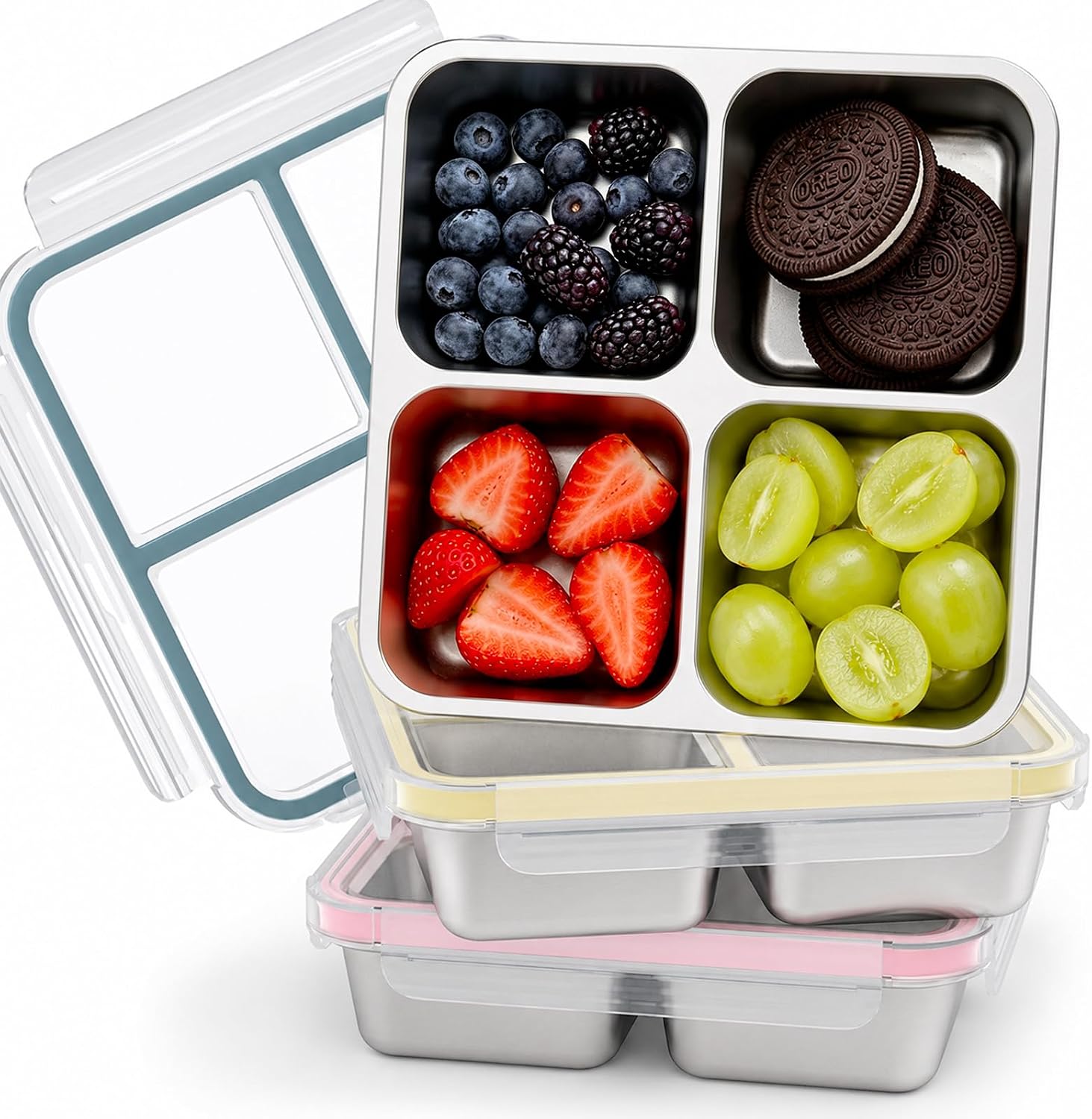 3 Pack Stainless Steel 4 Compartment Snack Containers with Lids, Reusable Divided Lunch & Food Storage Containers for Work, Travel (Pink, Yellow, Blue)