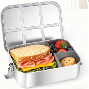 Stainless Steel Bento Box with 3 Compartments, 1.5L/50oz Metal Lunch Box for Kids or Adults, Leak-proof Lunch Container with Lockable Clips for On the Go Meals