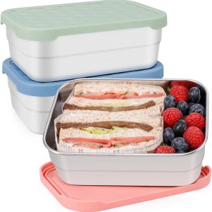 25oz Stainless Steel Food Containers, 3-Pack Bento Lunch Box with Silicone Lids, Leak-Proof Reusable Meal Prep Container for Sandwiches & Snacks, BPA-Free (720ML)
