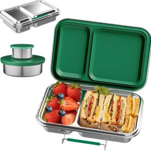 Stainless Steel Bento Box for Adults, 22.6 oz Compact 2-Compartment Metal Lunch Box with 2 Containers, BPA-Free Portion Control Food Container for Work and Travel, Dishwasher Safe(Green)