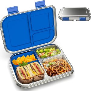 Stainless Steel Kids Leak-Resistant Bento Lunch Box, 3-Compartments with Silicone Container, Dishwasher-Safe, Child-Friendly Design for School, Picnics & Travel,BPA-Free (Blue)