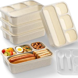 Bento Box 5-Pack, 4-Compartment Lunch Box for Women, Men & Kids, BPA-Free Wheat Straw Snack Containers, Ideal for Meal Prep, Travel, School, Work (White)
