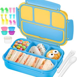 Bento Lunch Box for Kids Girls Boys, Toddler Kids Lunch Boxes for School, Lunch Containers for Adults with 4 Compartments, Sauce Container, Utensils, Food Picks and Muffin Cups, Blue