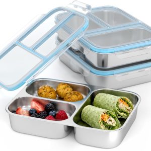 3 Pack Stainless Steel Snack Container, 3- Compartment Lunch Container with Lid, Reusable Food Storage Box for Snacks & Meal Prep (650ml / 22oz)
