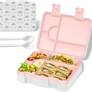 Bento Lunch Box for Kids, Leak-Proof 5-Compartment Cute Lunchbox for Boys Girls, Drop-Proof, Food Container Microwave & Dishwasher Safe, Back to School Supplies for Ages 3 to 7, White/Rainbow