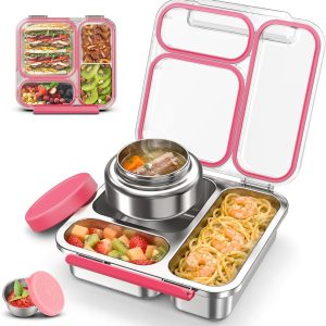 Stainless Steel Bento Box Kids Adult with 7oz Soup Thermo, Transparent Lid 3 Compartments Metal Bento Lunch Box with Insulated Food Jar,Lunch Box Container Sauce Cup for School,BPA-Free(Pink)