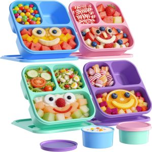 4 Pcs Bento Box Set, Reusable 3 Compartments Snack Boxes with 2 Leakproof Small Containers, Stackable Meal Prep Lunch Containers for School, Work, and Travel